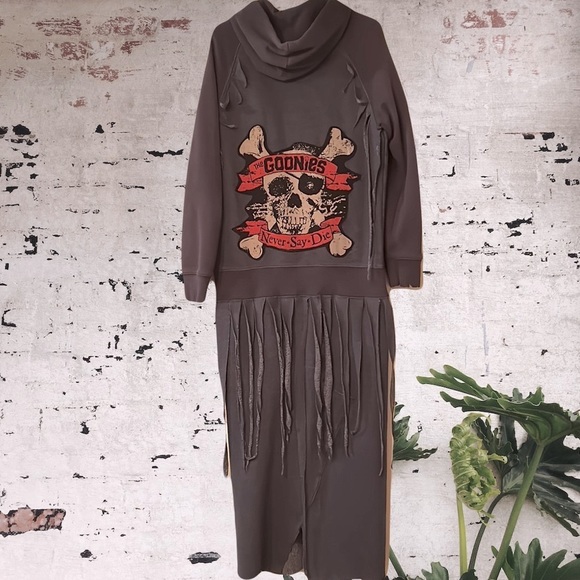 Upcycled “The Goonies Never Say Die” fringed hoodie sweatshirt duster jacket - Picture 5 of 14
